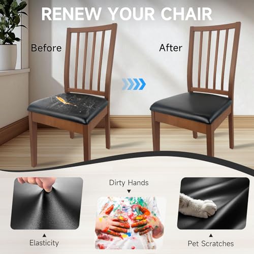 WENZMOC PU Leather Seat Covers for Dining Chairs, 4 Pack 100% Waterproof Dining Room Chair Seat Covers Stretch and Wipeable Kitchen Chair Cover Protectors (PU Black, 4 PCS) - Image 5