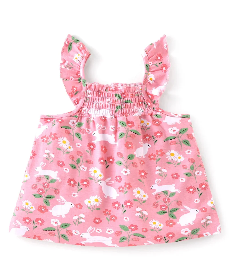 babyhug Babyhug 100% Cotton Knit Frill Sleeve Top With Floral Print - Pink