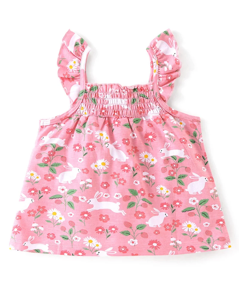 babyhug Babyhug 100% Cotton Knit Frill Sleeve Top With Floral Print - Pink