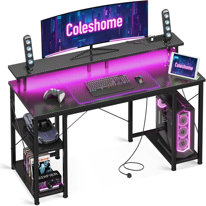 Coleshome Gaming Desk with Shelves and Monitor Stand, Black, 120x50cm - Image 1