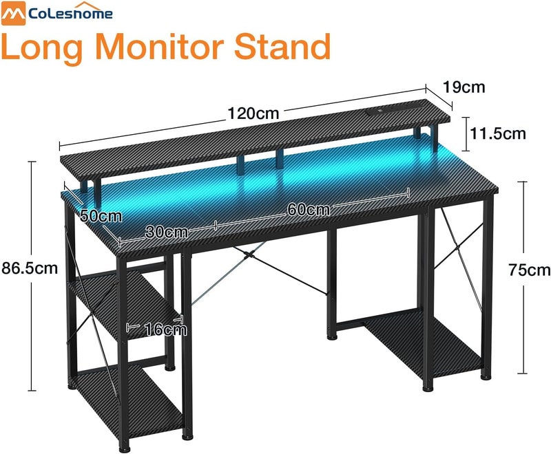 Coleshome Gaming Desk with Shelves and Monitor Stand, Black, 120x50cm - Image 3