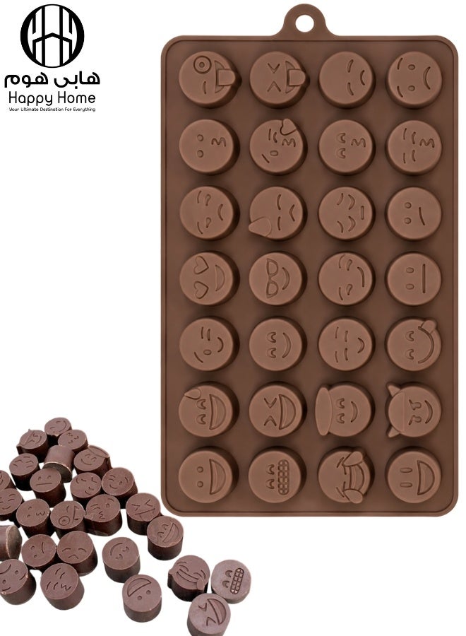 Happy Home Silicone Emoji Mold, 22 × 11 cm with 28 Cavities in Assorted Facial Expression Designs, Flexible Reusable Mold for Chocolate, Candy, Jelly, Fudge, Ice Cubes, Frozen Yogurt, Cake Decorations, Cupcake Toppers, Birthday Treats and Party Desserts – Brown - Image 1