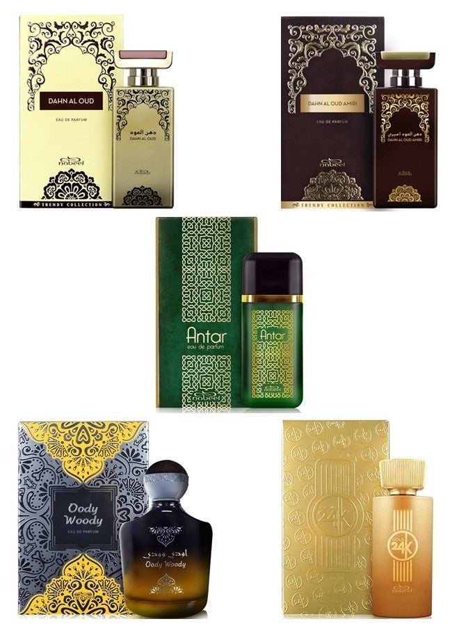 Nabeel 5 Pieces Perfume Set Nabeel Dahn Al Oud Antar Dahn Al Oud Amiri Gold 24k Oody Woody Eau De Parfum 100 ML - Image 1