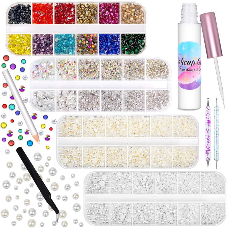 Billbotk 6645Pcs Face Rhinestones with Makeup Glue, Flatback Eye Gems Colorful Makeup Jewels with White Pearls for Face Eye Body, Nail Art, Hair, Craft Decoration - Image 1
