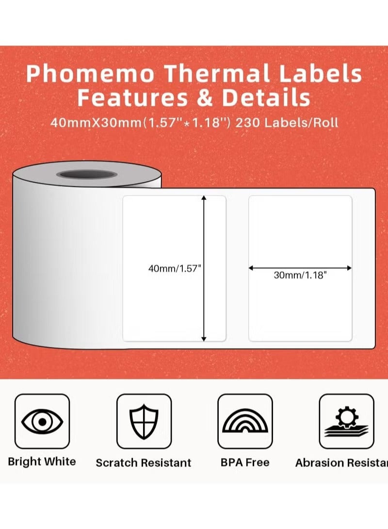 فوميمو 3 لفات ورق ملصقات مربع ذاتي اللصق متعدد الاغراض مقاس 30×40 ملم لطابعة ملصقات M110/M120/M200/M220/M221، للطباعة بالاسود على الابيض، 230 ملصق في اللفة، خلفية بيضاء - Image 2