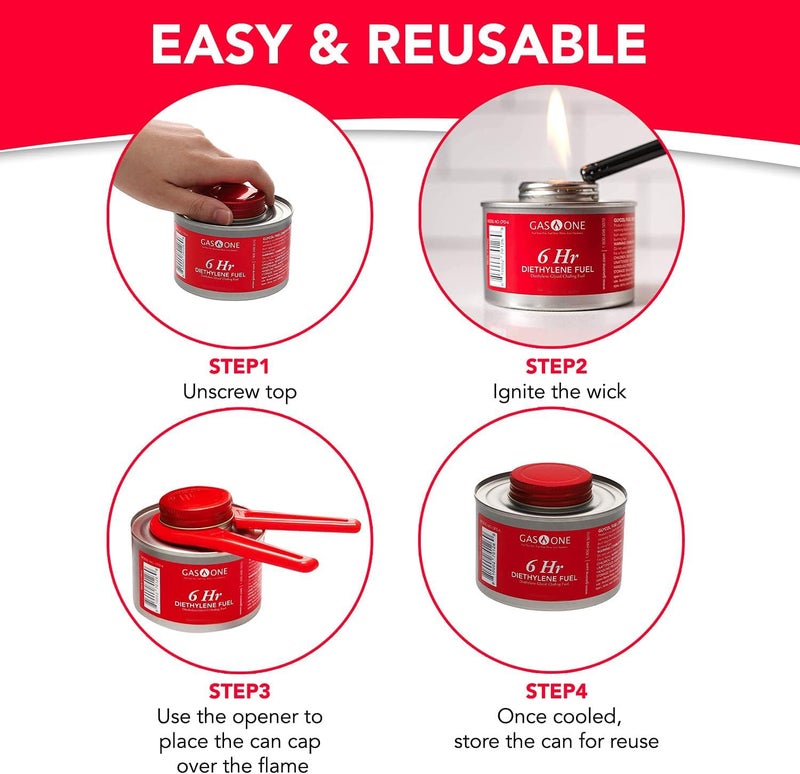 GasOne Gas One 12 Pack 6 Hour Chafing Fuel - Food Warmer for Chafing Dish Buffet Set - Reusable Liquid Safe Fuel With Wick u0026 Lid Opener - Image 3