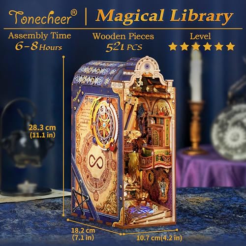 Tonecheer DIY Book Nook Kit for Adults 3D Wooden Puzzle Bookend Miniature House Kit Booknook Bookshelf Insert Decor with Dust Cover and LED Lights Gifts Magical Library - Image 5
