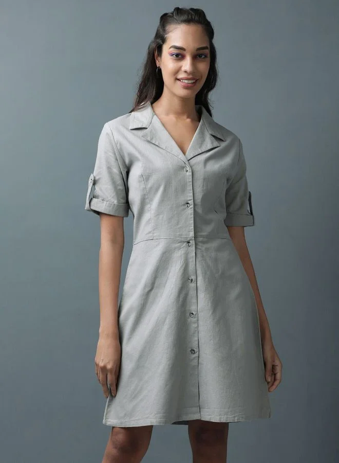 Freehand Women Regular Fit Casual Solid Linen Shirt Dress
