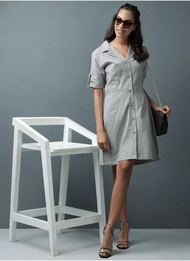 Freehand Women Regular Fit Casual Solid Linen Shirt Dress