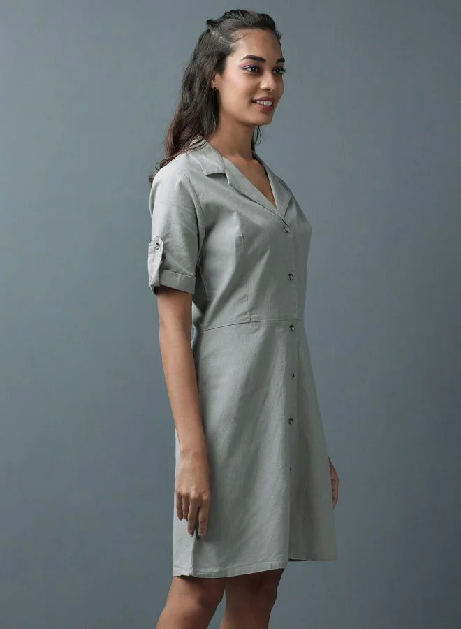 Freehand Women Regular Fit Casual Solid Linen Shirt Dress