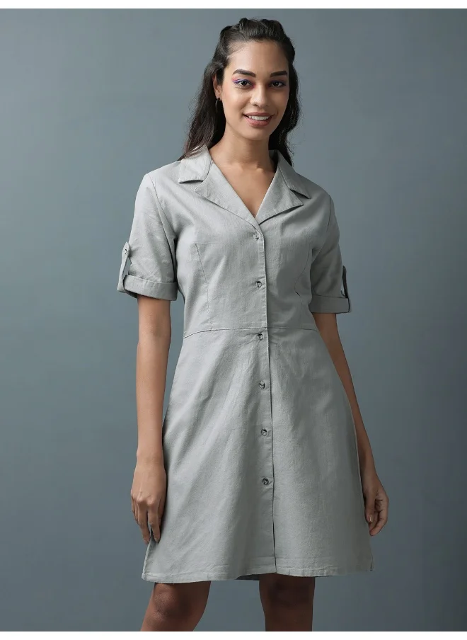 Freehand Women Casual Regular Solid Plain V-Neck Below Knee Linen Shirt Dress