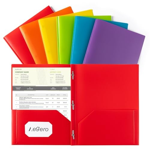 Aegero Folders with Pockets and Prong with Fasteners (6 Pack, Assorted Colors),Durable Plastic Pocket Folders with Prongs,Tear Resistant,2 Pocket 3 Prong Folders for Schoolwork & Office,Letter Size - Image 1