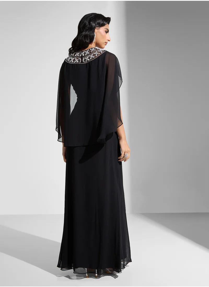 Amelia Rose Embellished Cape Sleeve Maxi Dress