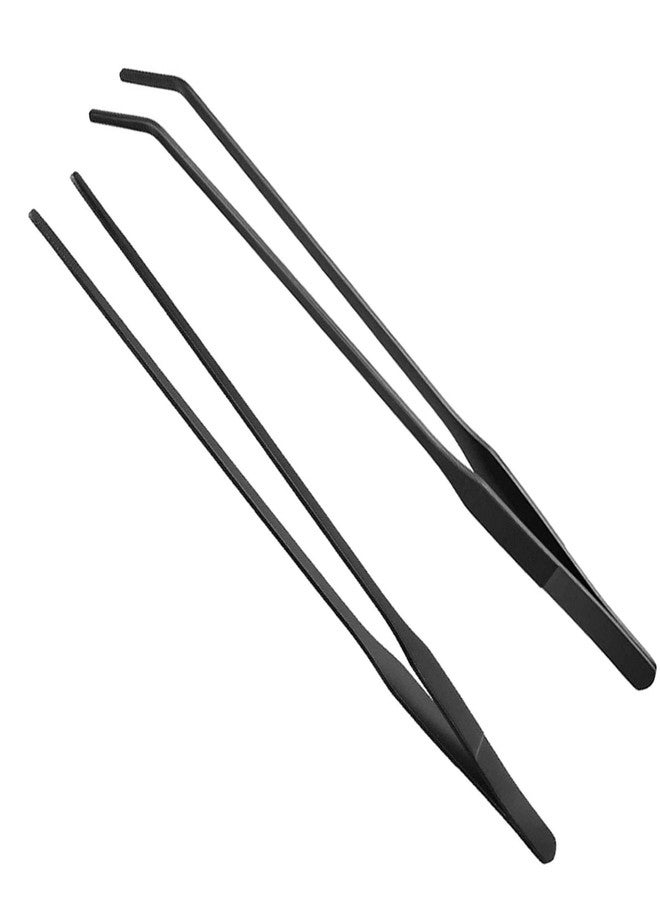 HRASY Black Aquarium Tweezers Set HRASY Stainless Steel Straight and Curved Tweezers Long Handle Reptile Feeding Tongs for Fish Tank Aquatic Plants, Pack of 2, 10.6 Inch - Image 1