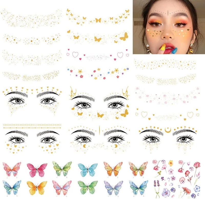 32 Sheets Face Temporary Tattoo 20 sheets Glitter Metallic Freckle Tattoos 12 PCS Butterflies Fake Tattoos Stickers for Festival Makeup Rave Accessories