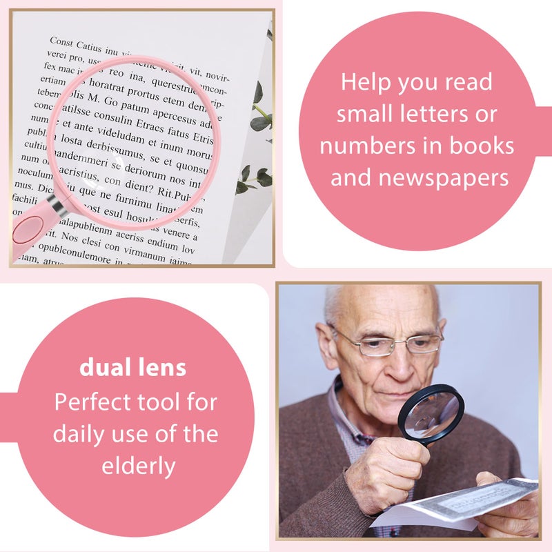 Feosky Handheld Reading Magnifier, 10X Magnifier, 75mm Shatterproof Lens, Non-Slip Handle for Adults Close Work, Seniors Reading and Nature Exploration, Hobby Observation(Pink) - Image 3