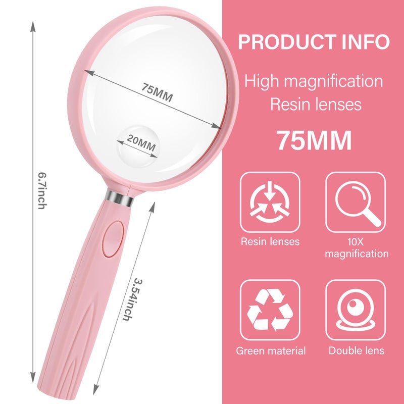 Feosky Handheld Reading Magnifier, 10X Magnifier, 75mm Shatterproof Lens, Non-Slip Handle for Adults Close Work, Seniors Reading and Nature Exploration, Hobby Observation(Pink) - Image 2
