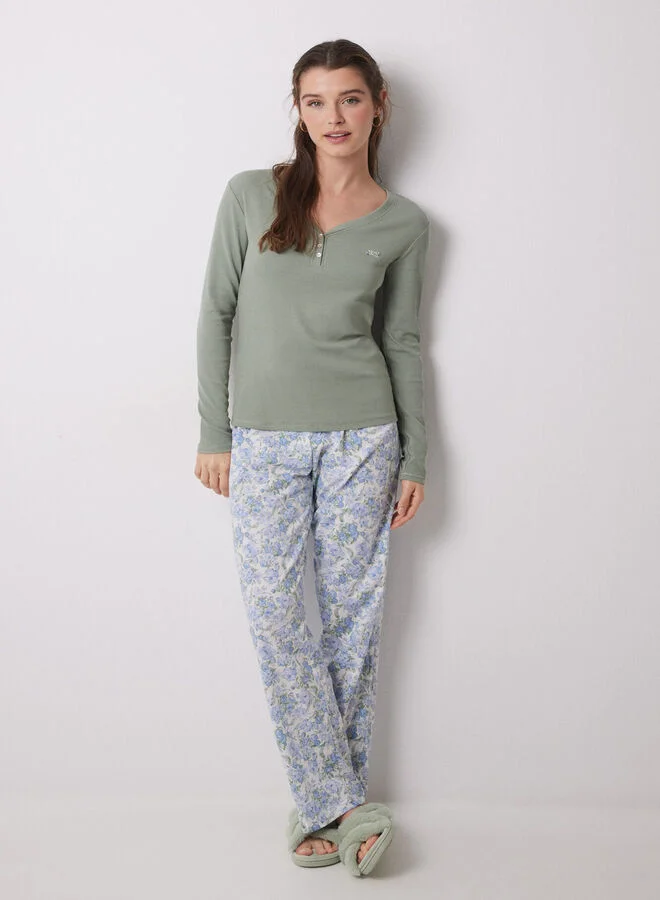 women'secret Lake pajamas 100% cotton ribbed green flowers
