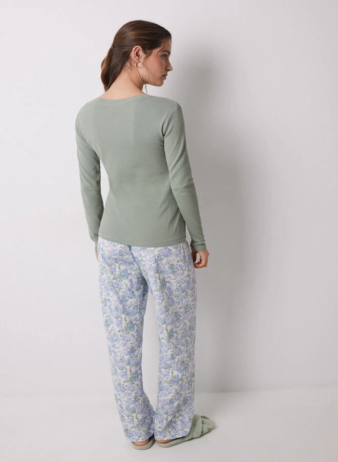 women'secret Lake pajamas 100% cotton ribbed green flowers