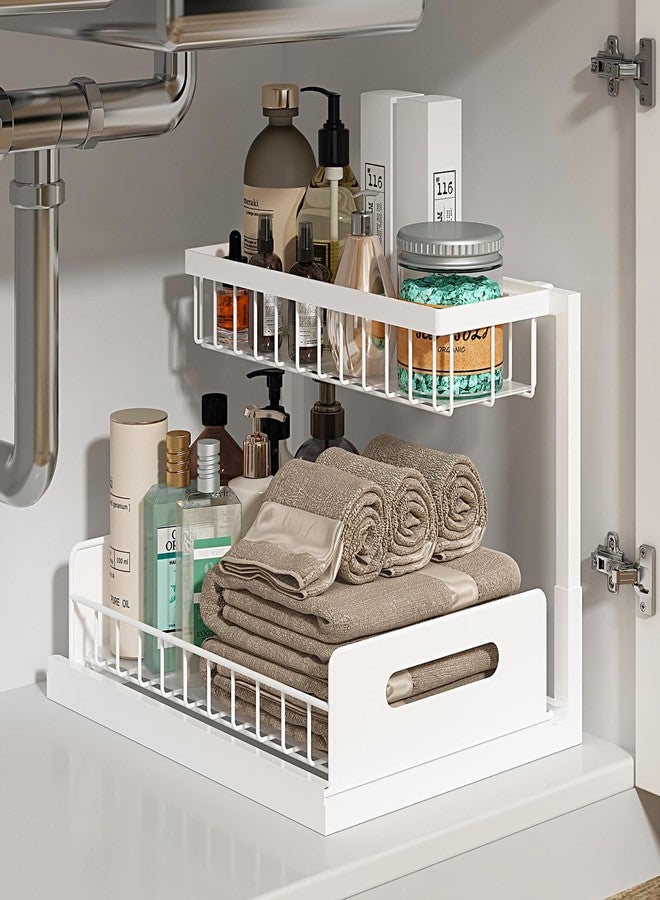 REALINN Under Sink Organizer, Pull Out Cabinet Organizer 2 Tier Slide Out Sink Shelf Cabinet Storage Shelves, Under Sink Storage for Kitchen Bathroom Cabinet, White, 1 Pack - Image 1