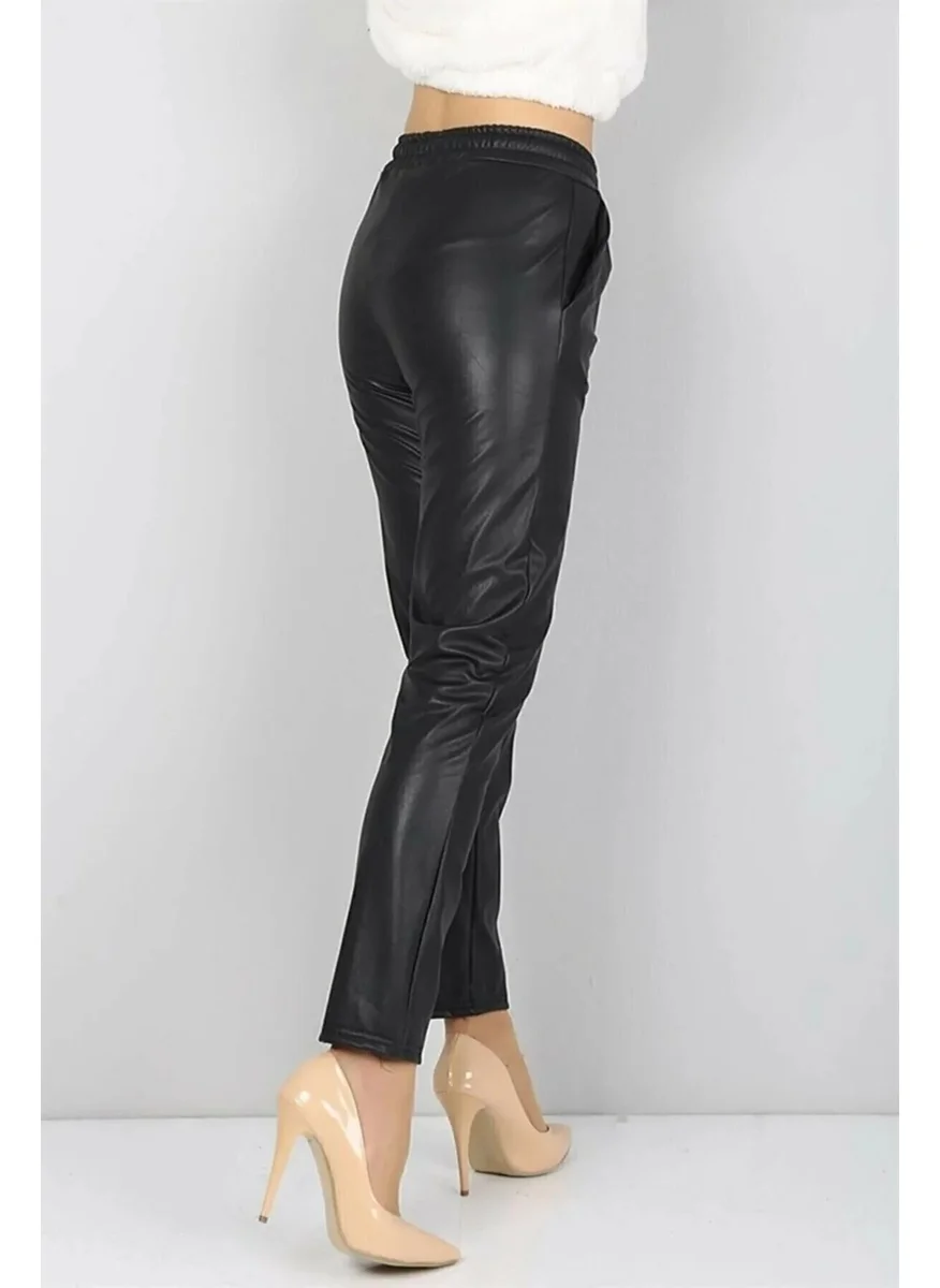 Swana Black High Waist Winter Leather Trousers with Polar Fleece Lining and Elastic Waistband