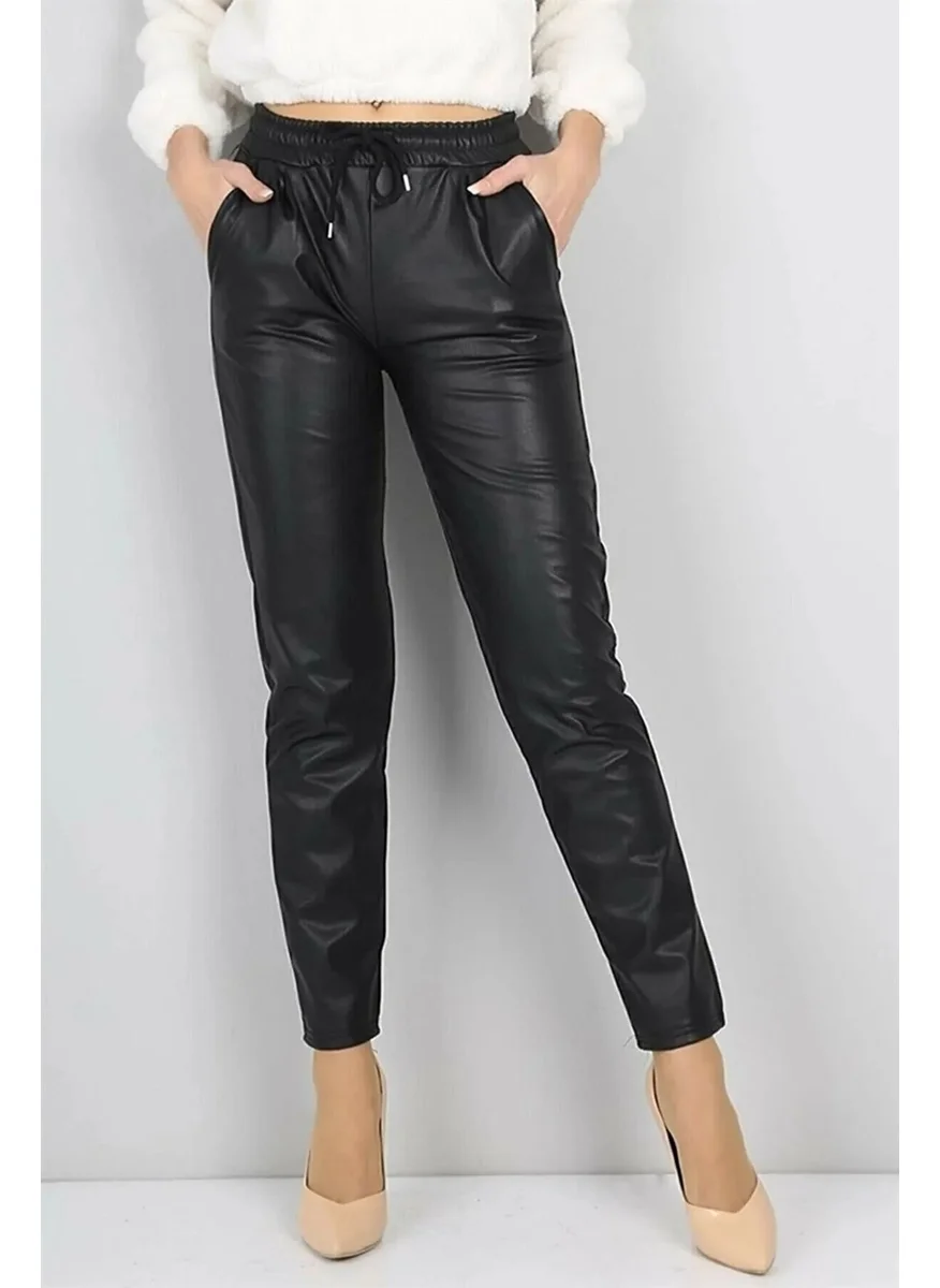 Swana Black High Waist Winter Leather Trousers with Polar Fleece Lining and Elastic Waistband