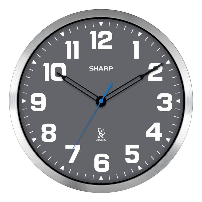 Sharp Atomic Analog Wall Clock  12 Grey Face Silver Brushed Finish  Sets Automatically Battery Operated  Easy to Read  Easy to Use  Modern Design and Style