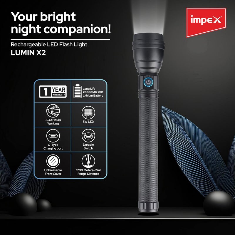 Impex Impex Torch Light Rechargeable LED Flashlight with Sharp and Long Beam Range Machined Aircraft Aluminum Body Super Bright LED Light 1 Year Warranty Lumin X2  - Image 2