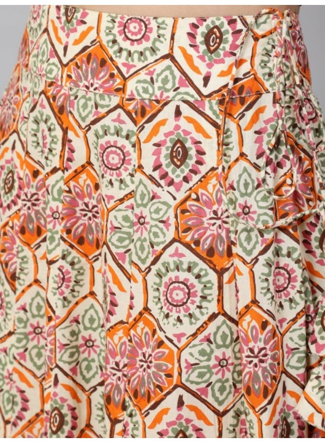 AKS Maroon & Orange Floral Printed Lehenga Choli With Ruffle Dupatta - Image 3