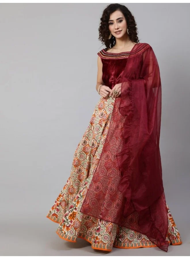 AKS Maroon & Orange Floral Printed Lehenga Choli With Ruffle Dupatta