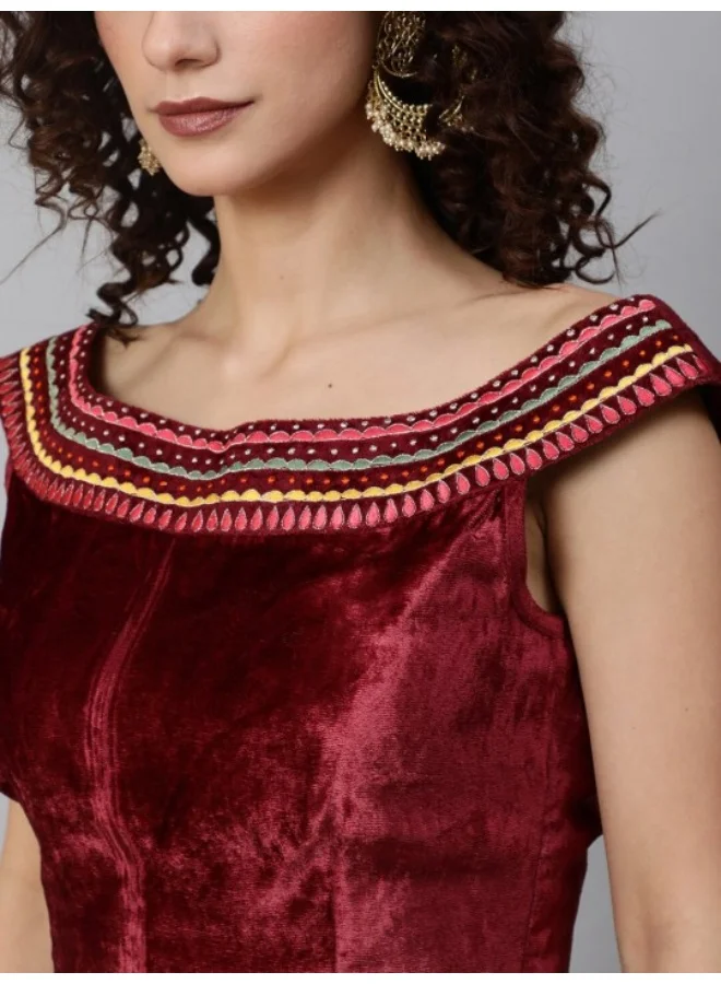 AKS Maroon & Orange Floral Printed Lehenga Choli With Ruffle Dupatta
