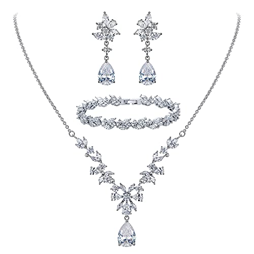 EleQueen Women's Wedding Bridal Jewelry Set for Brides Bridesmaids, Silver Plated Cubic Zirconia Teardrop Necklace Dangle Earrings Bracelet Sets for Party Prom - Image 1