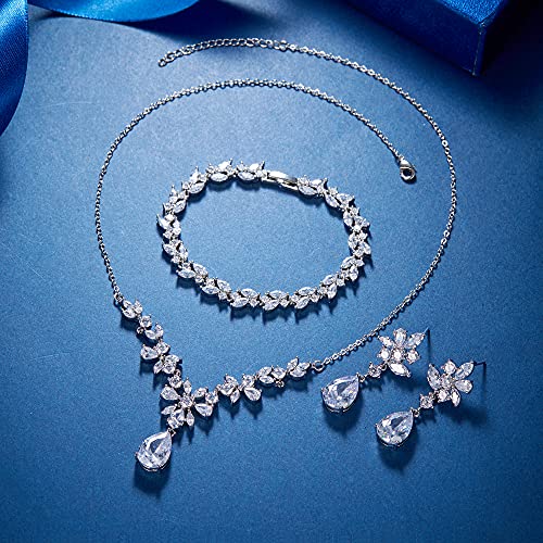 EleQueen Women's Wedding Bridal Jewelry Set for Brides Bridesmaids, Silver Plated Cubic Zirconia Teardrop Necklace Dangle Earrings Bracelet Sets for Party Prom - Image 3
