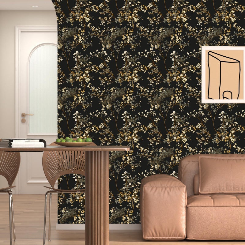 Fvlow Vintage Black Floral Wallpaper Classic Watercolor Leaves Wall Paper 17.4" x 394" Dark Moody Contact Paper Chinoiserie Self Adhesive Covering for Bedroom Bathroom Cabinet Home Decor Black Grey - Image 3
