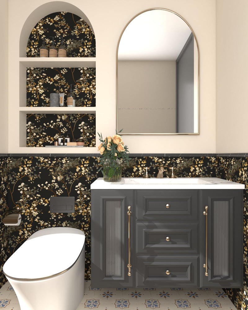 Fvlow Vintage Black Floral Wallpaper Classic Watercolor Leaves Wall Paper 17.4" x 394" Dark Moody Contact Paper Chinoiserie Self Adhesive Covering for Bedroom Bathroom Cabinet Home Decor Black Grey - Image 5