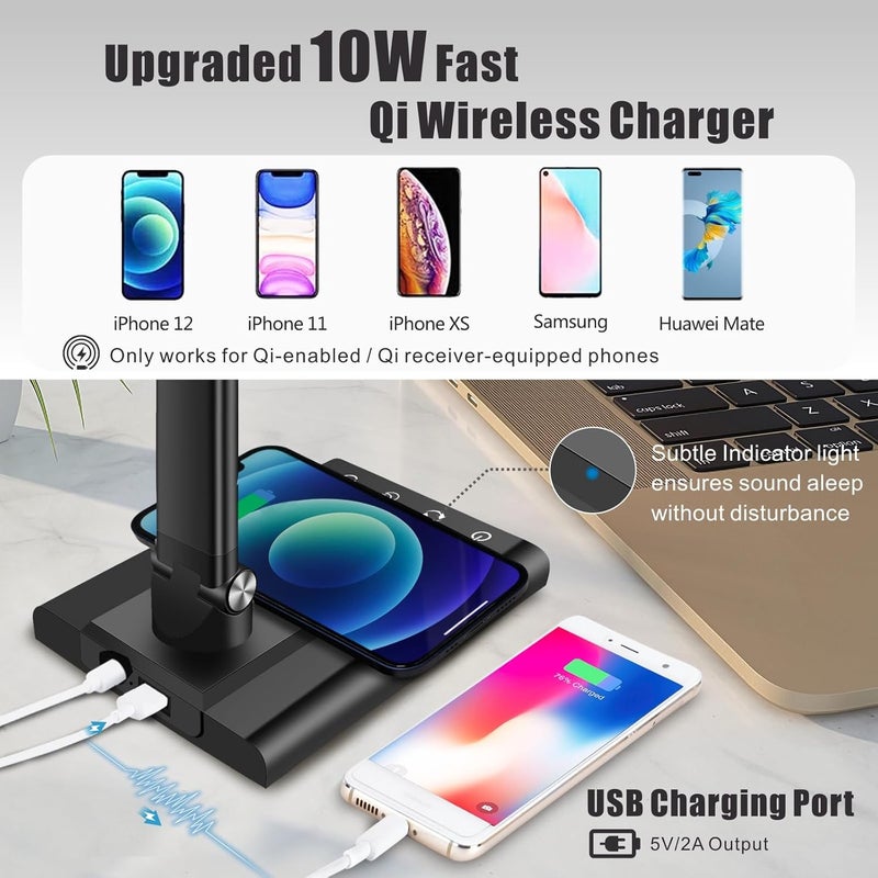 YIMI LED Desk Lamp, Table Lamp with Fast Wireless Charger & USB Charging Port, 12W Office Desk Light with 35 Adjustable Lights, Touch Control & Memory Function for Home Office, Reading, Studying (Black) - Image 2