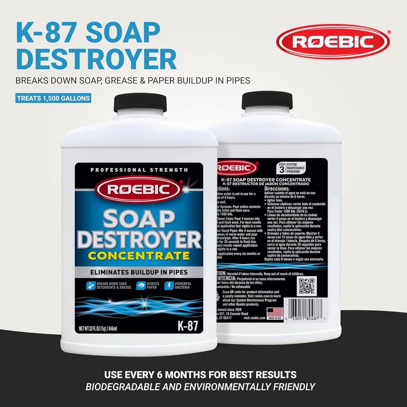 Roebic K-87 Liquid SGP Soap, Grease and Paper Digester with Bacteria, Eliminates Buildup in Pipes and Protects from Clogs, Treats 1500 Gallons, 32 fl oz Concentrate - Image 2