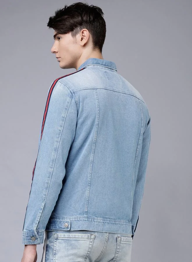HIGHLANDER Regular Fit Blue Washed Side Stripe Denim Jacket by Styli