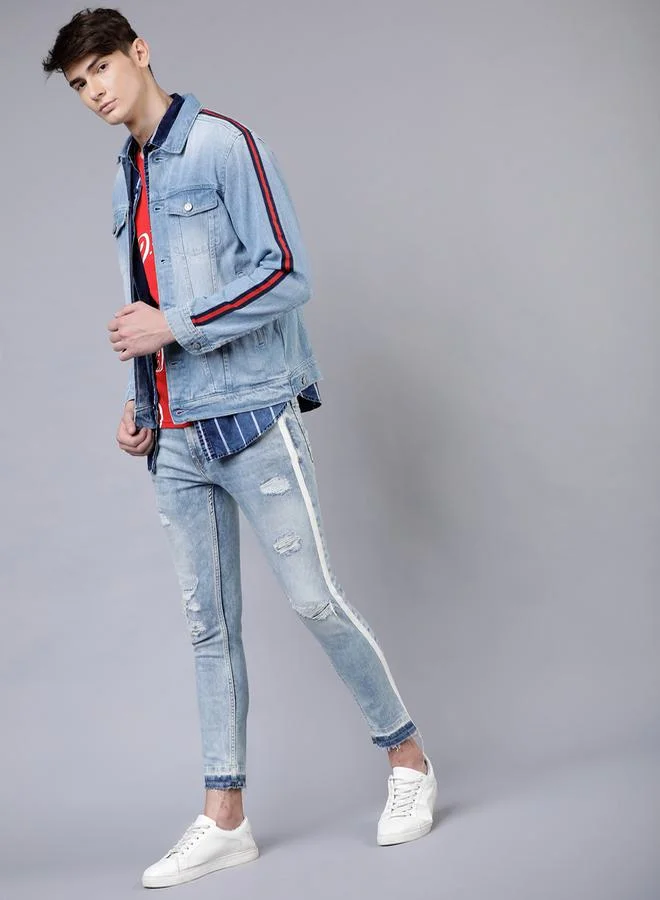 HIGHLANDER Regular Fit Blue Washed Side Stripe Denim Jacket by Styli