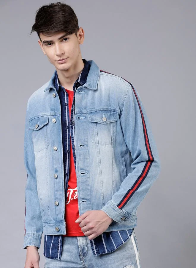 HIGHLANDER Regular Fit Blue Washed Side Stripe Denim Jacket by Styli