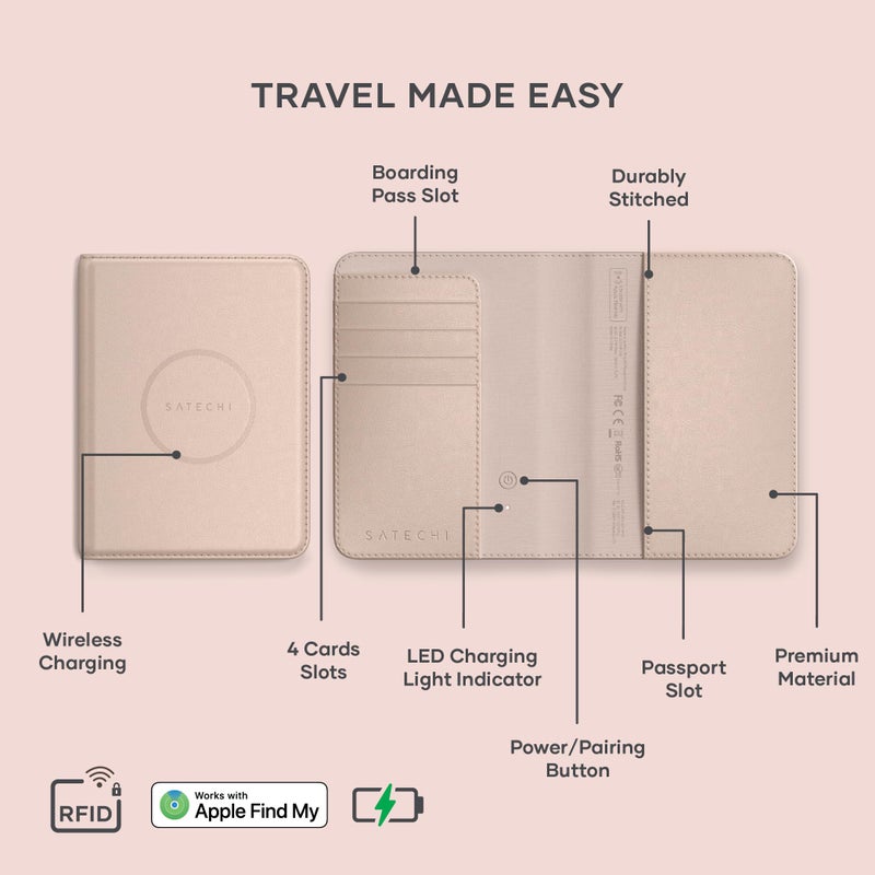 Satechi Passport Holder for Travel with Find My, Passport Cover with 4 Card Holder, Wireless Charging, and RFID protection â€“ Travel Essential Vegan Leather Passport â€“ Desert Rose - Image 2
