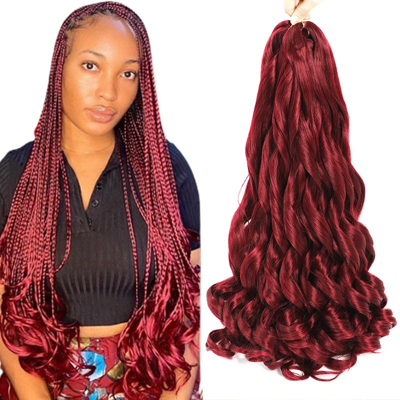 French Curly Braiding Hair 24 Inch 8 Packs Burgundy Color  Pre Stretched Bouncy Braiding Hair Loose Wavy Synthetic Hair Extensions For Black Women 24 inch 8 packs Burgundy