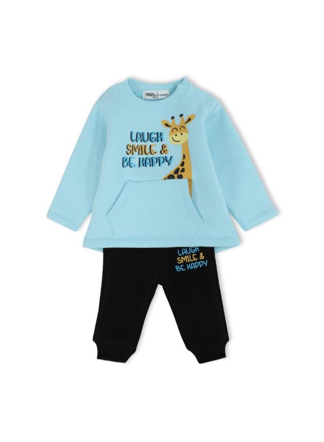 Ourkids Baby Girls Cotton Pajama Set – Aqua/Black with “Laugh, Smile & Be Happy” Giraffe Design - Image 1