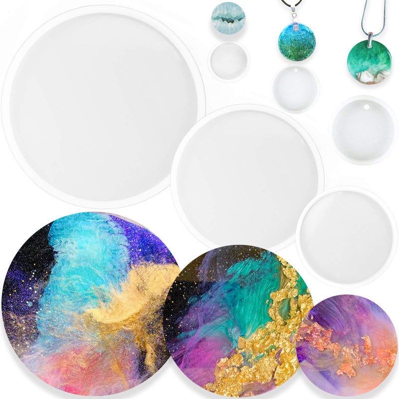 Round Coaster Resin Epoxy Silicone Molds 6Bundle 2 Disc Circle Tray with Hole Jewelry Casting Necklace Pendant Keychain Charms