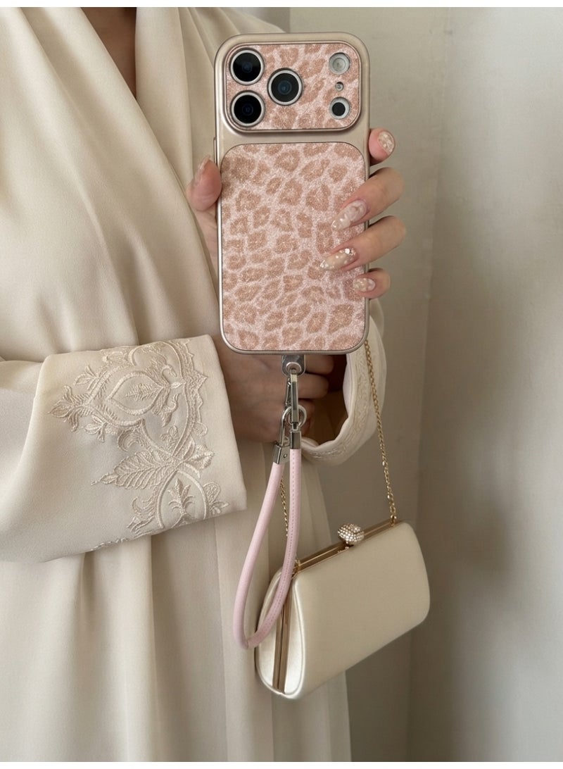 كفر حماية بتصميم جلد النمر اللامع لهاتف آيفون 17 برو ماكس مع حزام من أورا ستايل، غطاء مقاوم للصدمات للنساء، بولي كربونات وردي - Image 4