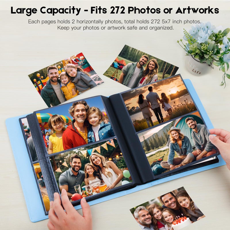 AEVDOR 272 POCKETS Photo Photo ألبوم 5 × 7 يحمل 272 صورًا إضافية كبيرة من السعة الجلدية غلافًا جلديًا 5 × 7 مع نافذة أمامية لالتقاط عائلة صور طفل 5x7 مع صفحات داخلية أسود أزرق - Image 2