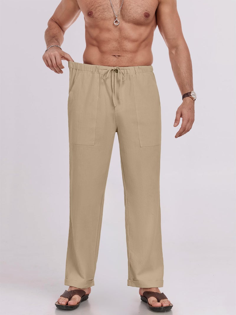 Puimentiua Mens Linen Pants Elastic Waist Drawstring Loose Fit Casual Summer Beach Pants with Pockets Baggy Trousers Dark Khaki-L - Image 3