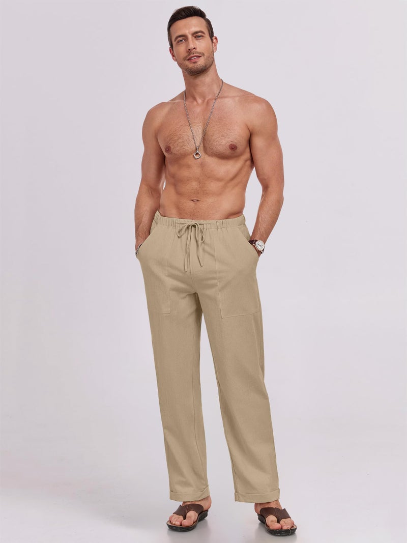 Puimentiua Mens Linen Pants Elastic Waist Drawstring Loose Fit Casual Summer Beach Pants with Pockets Baggy Trousers Dark Khaki-L - Image 2