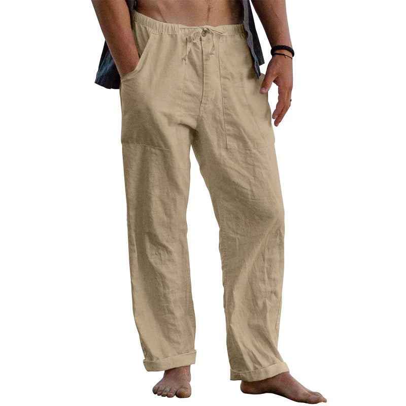 Puimentiua Mens Linen Pants Elastic Waist Drawstring Loose Fit Casual Summer Beach Pants with Pockets Baggy Trousers Dark Khaki-L - Image 1