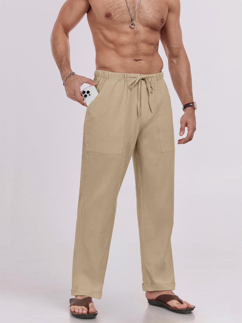 Puimentiua Mens Linen Pants Elastic Waist Drawstring Loose Fit Casual Summer Beach Pants with Pockets Baggy Trousers Dark Khaki-L - Image 5